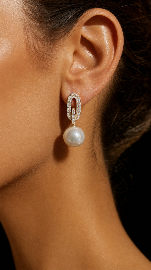 Crystal Pavé Pearl Drop Earrings - Product Close-Up