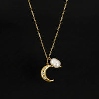Crescent moon and baroque pearl pendant necklace gold chain