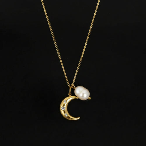 Crescent moon and baroque pearl pendant necklace gold chain