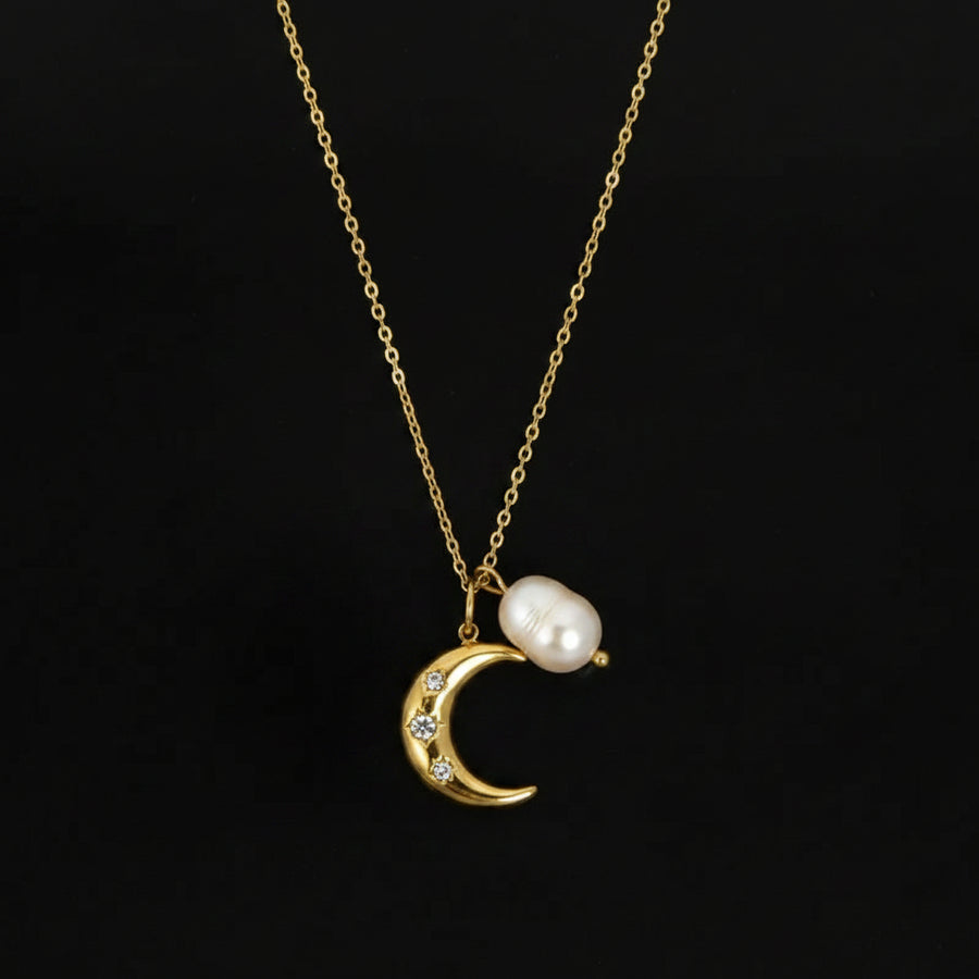 Crescent moon and baroque pearl pendant necklace gold chain